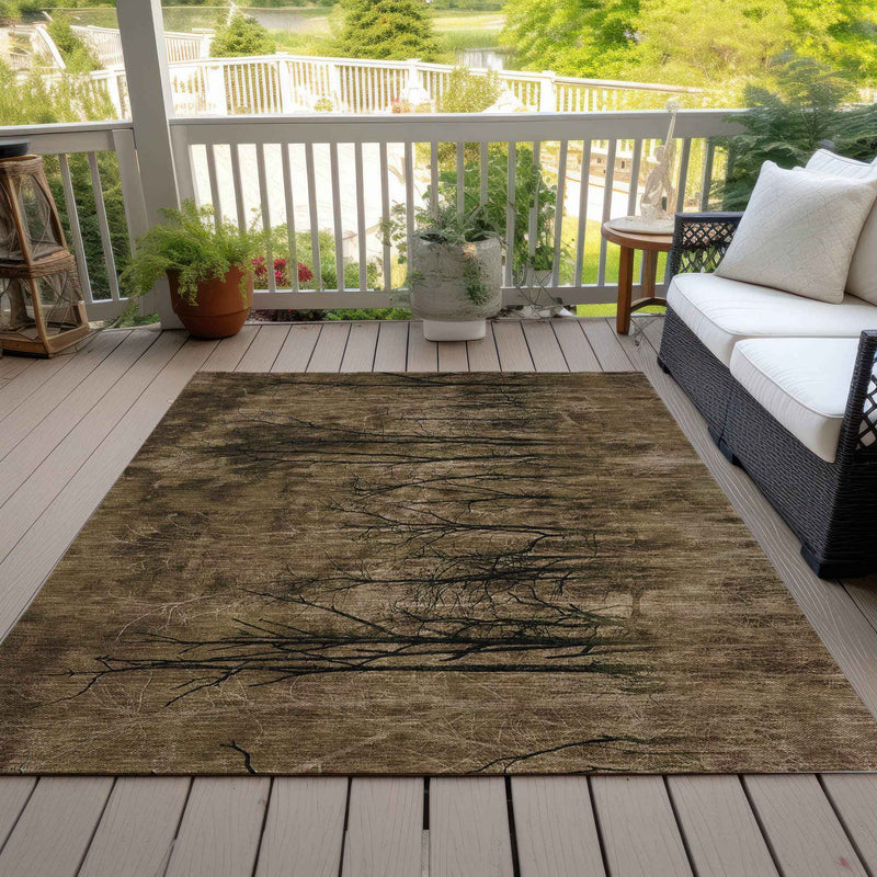 9' X 12' Brown And Charcoal Floral Washable Indoor Outdoor Area Rug
