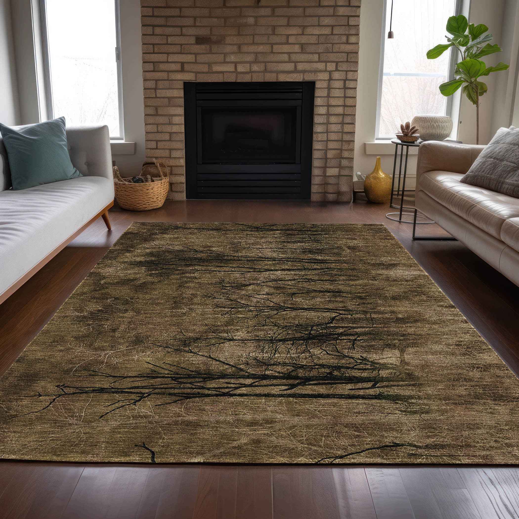 8' X 10' Brown And Charcoal Floral Washable Indoor Outdoor Area Rug