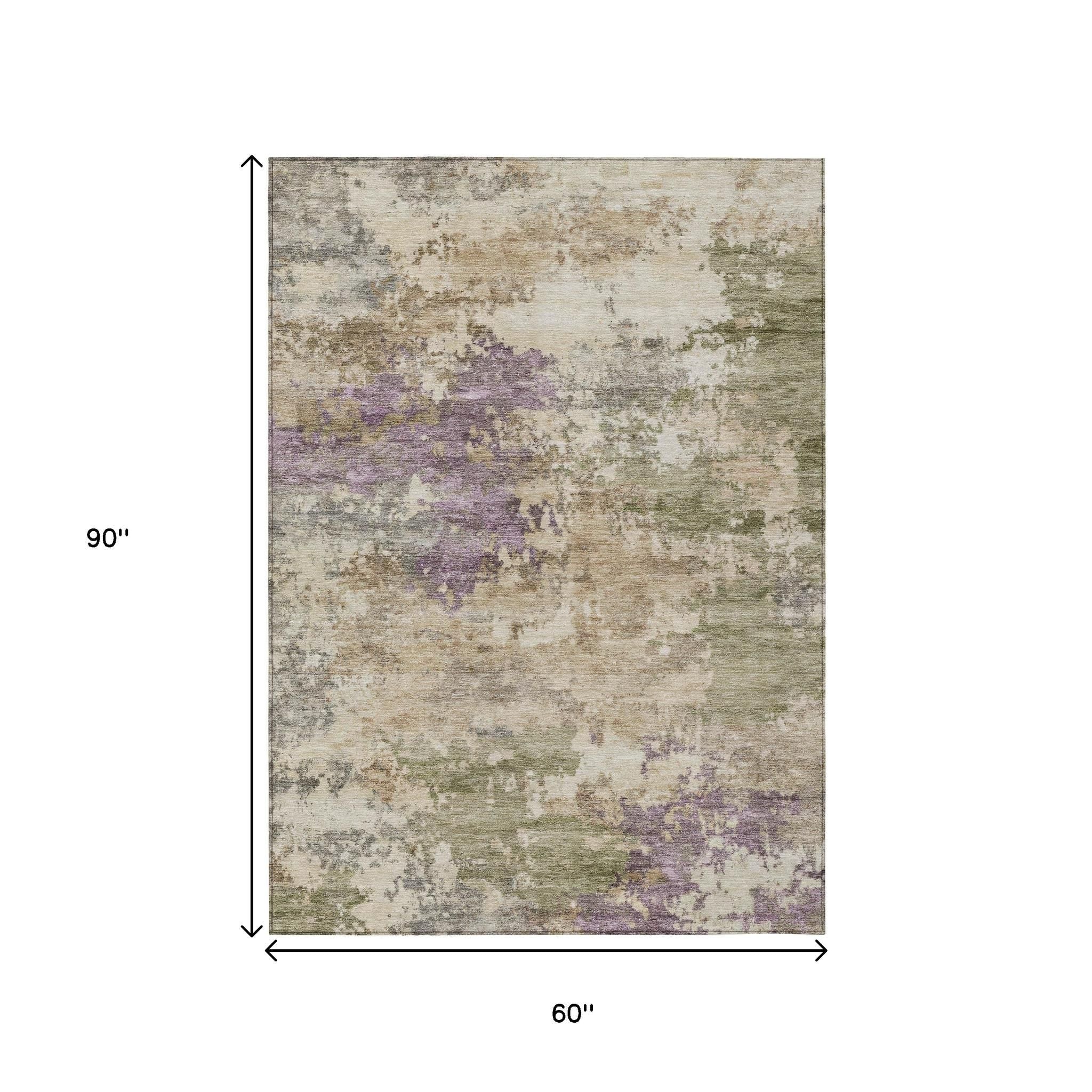 5' X 8' Beige Green And Purple Abstract Washable Indoor Outdoor Area Rug - Sports & Outdoor