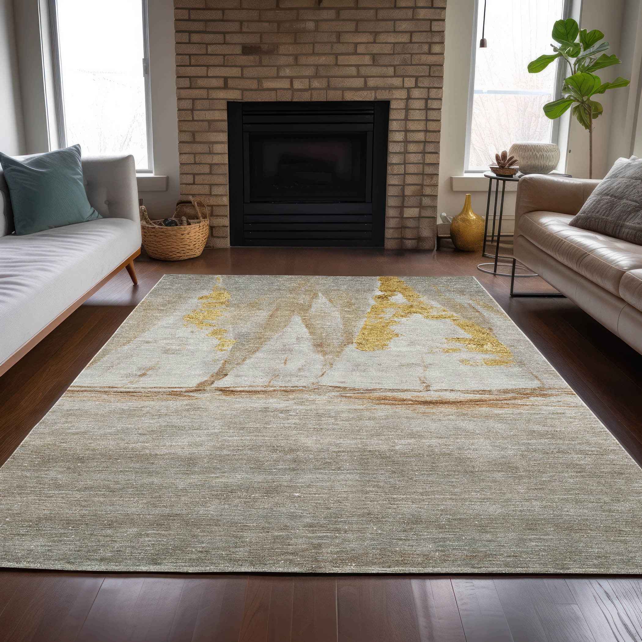 8' X 10' Taupe And Gold Nautical Washable Indoor Outdoor Area Rug