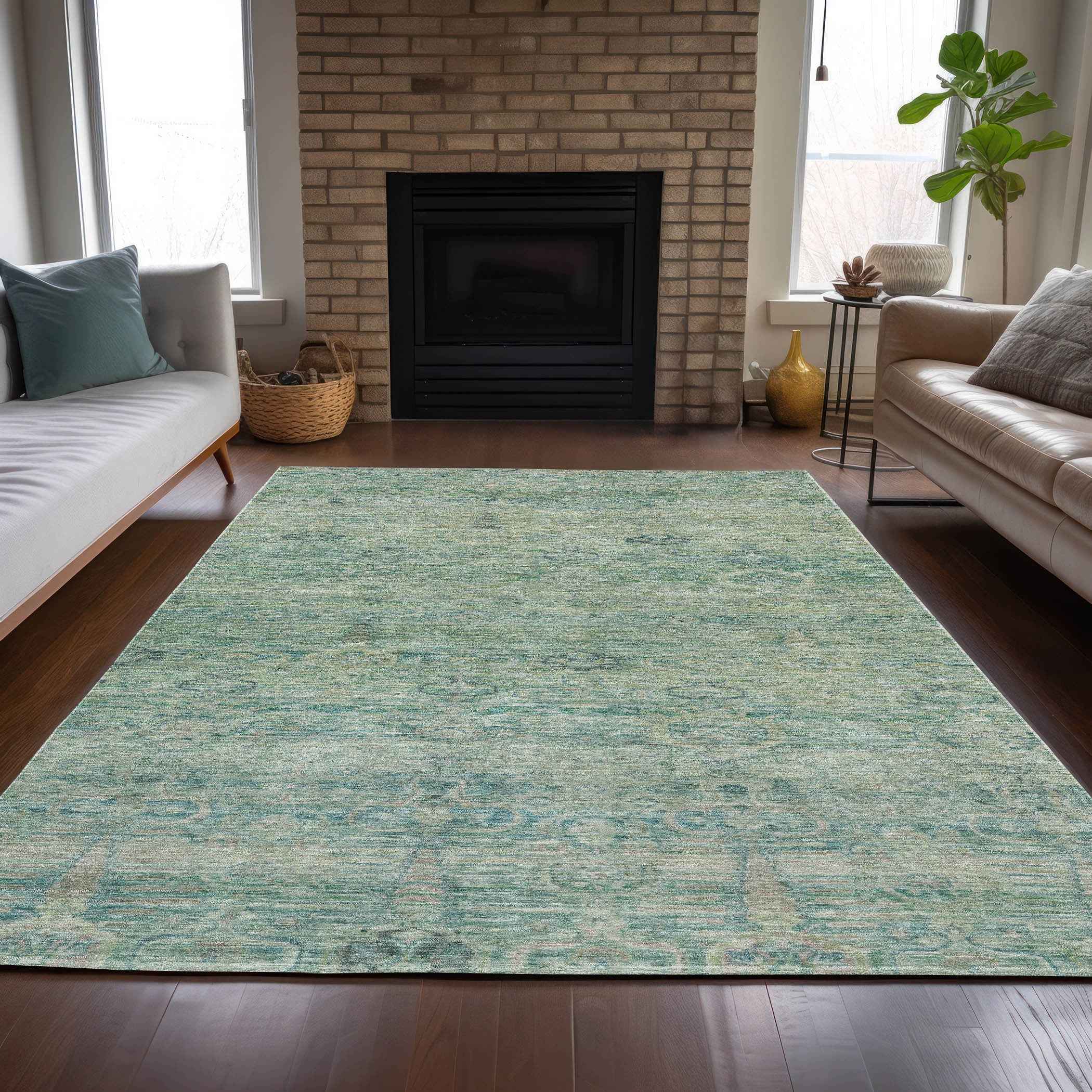 3' X 5' Teal Blue And Linen Oriental Washable Indoor Outdoor Area Rug