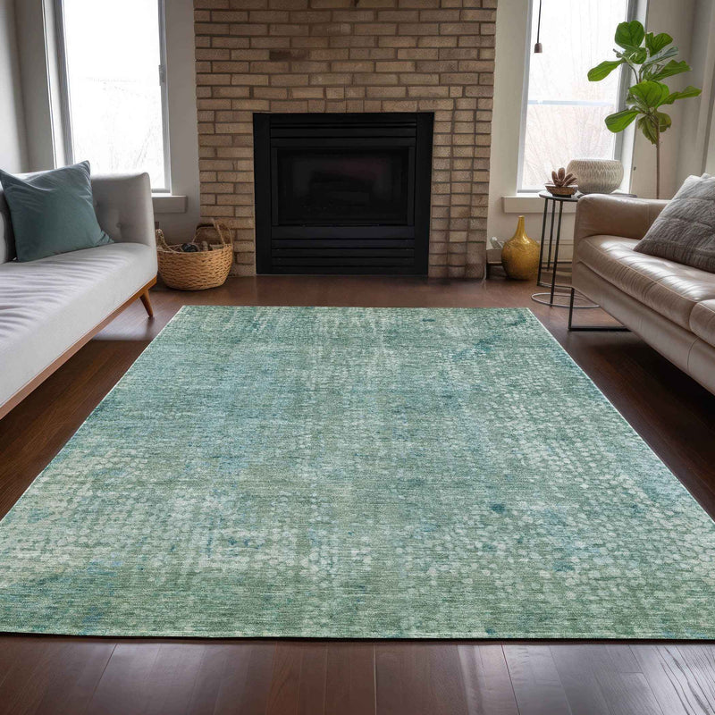 8' X 10' Teal Blue And Ivory Abstract Washable Indoor Outdoor Area Rug