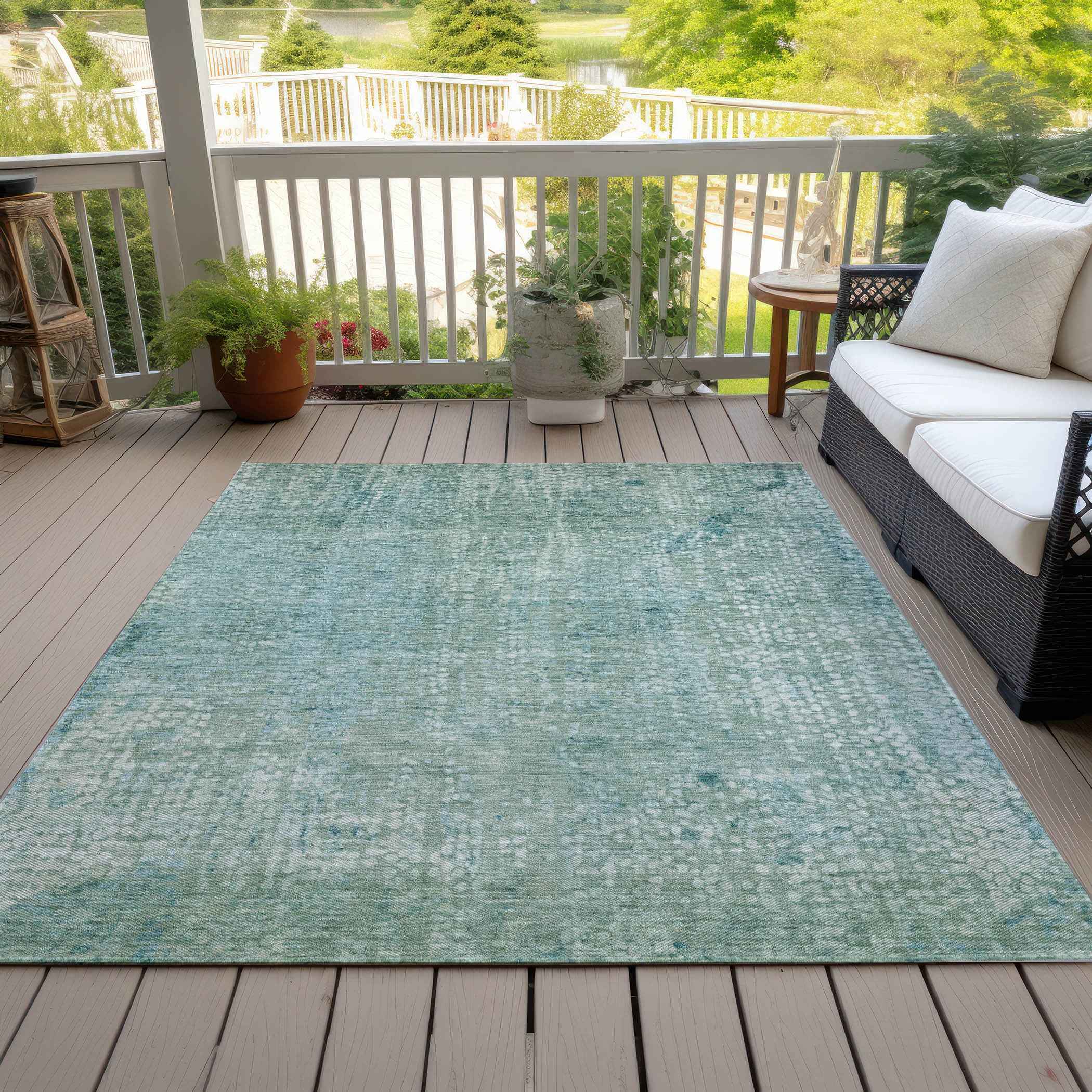 8' X 10' Teal Blue And Ivory Abstract Washable Indoor Outdoor Area Rug