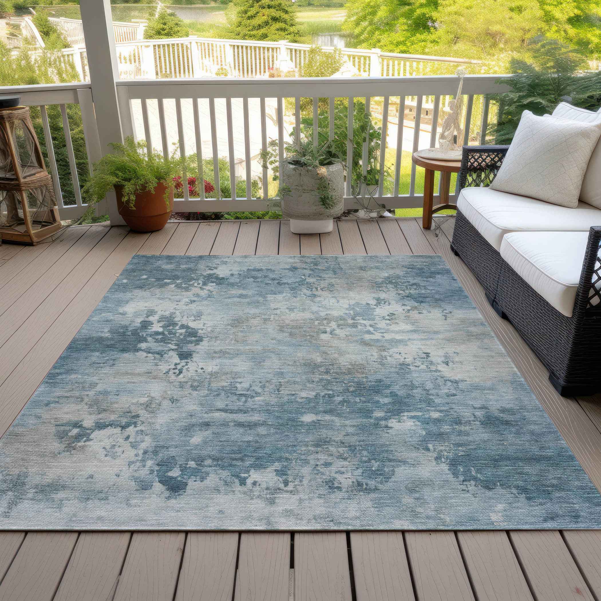 8' X 10' Teal Blue And Beige Abstract Washable Indoor Outdoor Area Rug