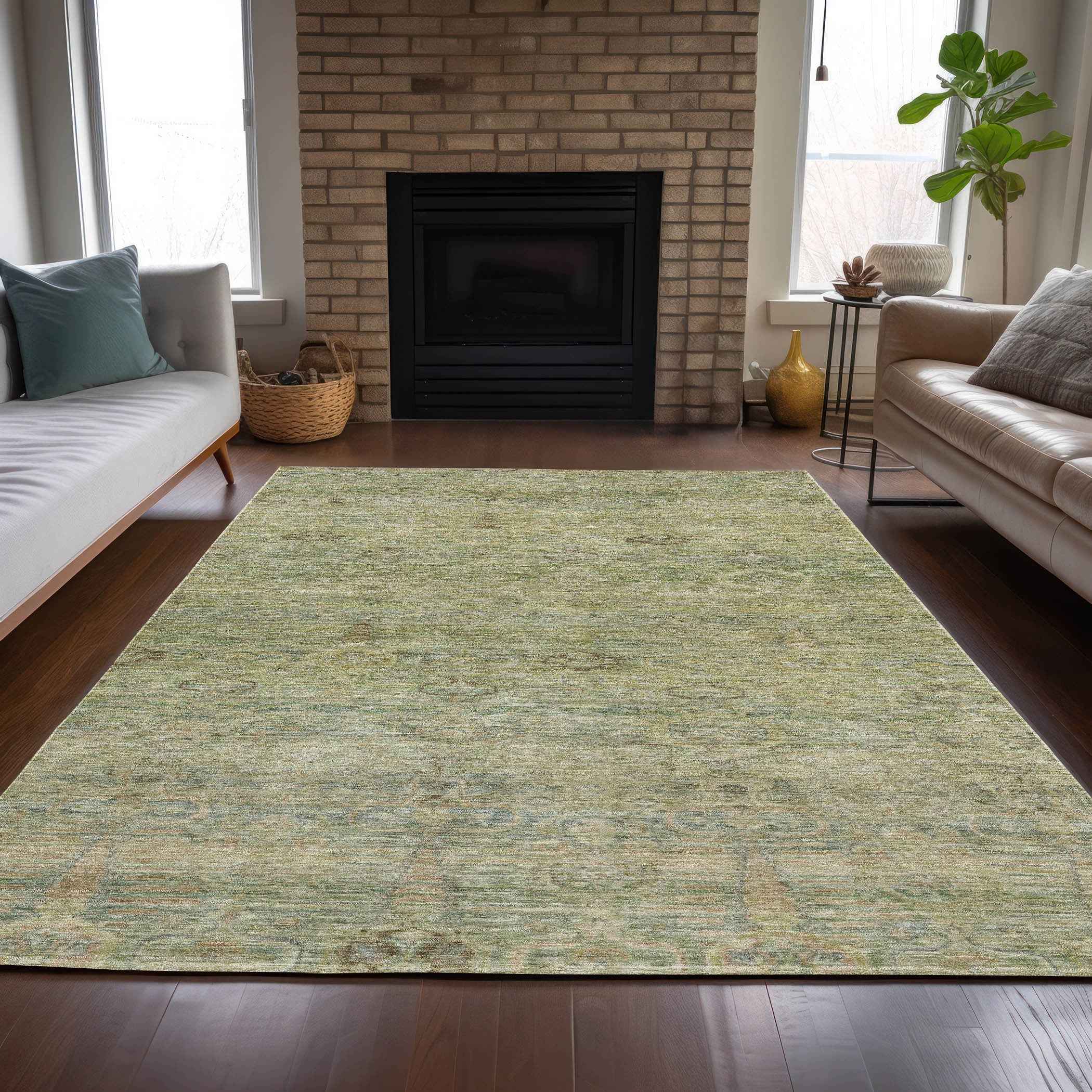 9' X 12' Green And Gold Oriental Washable Indoor Outdoor Area Rug