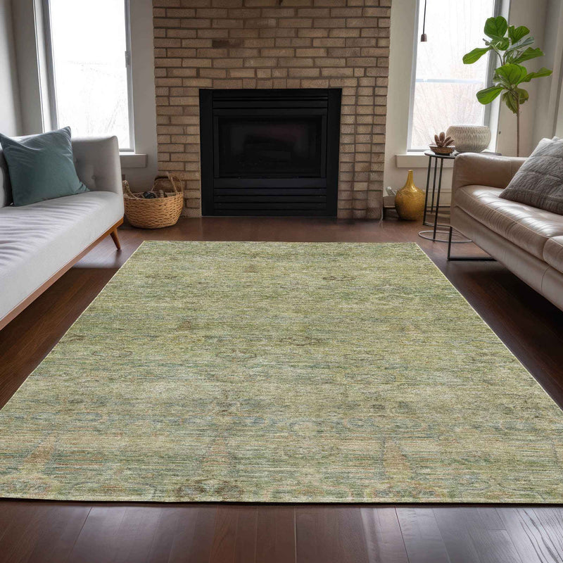 9' X 12' Green And Gold Oriental Washable Indoor Outdoor Area Rug