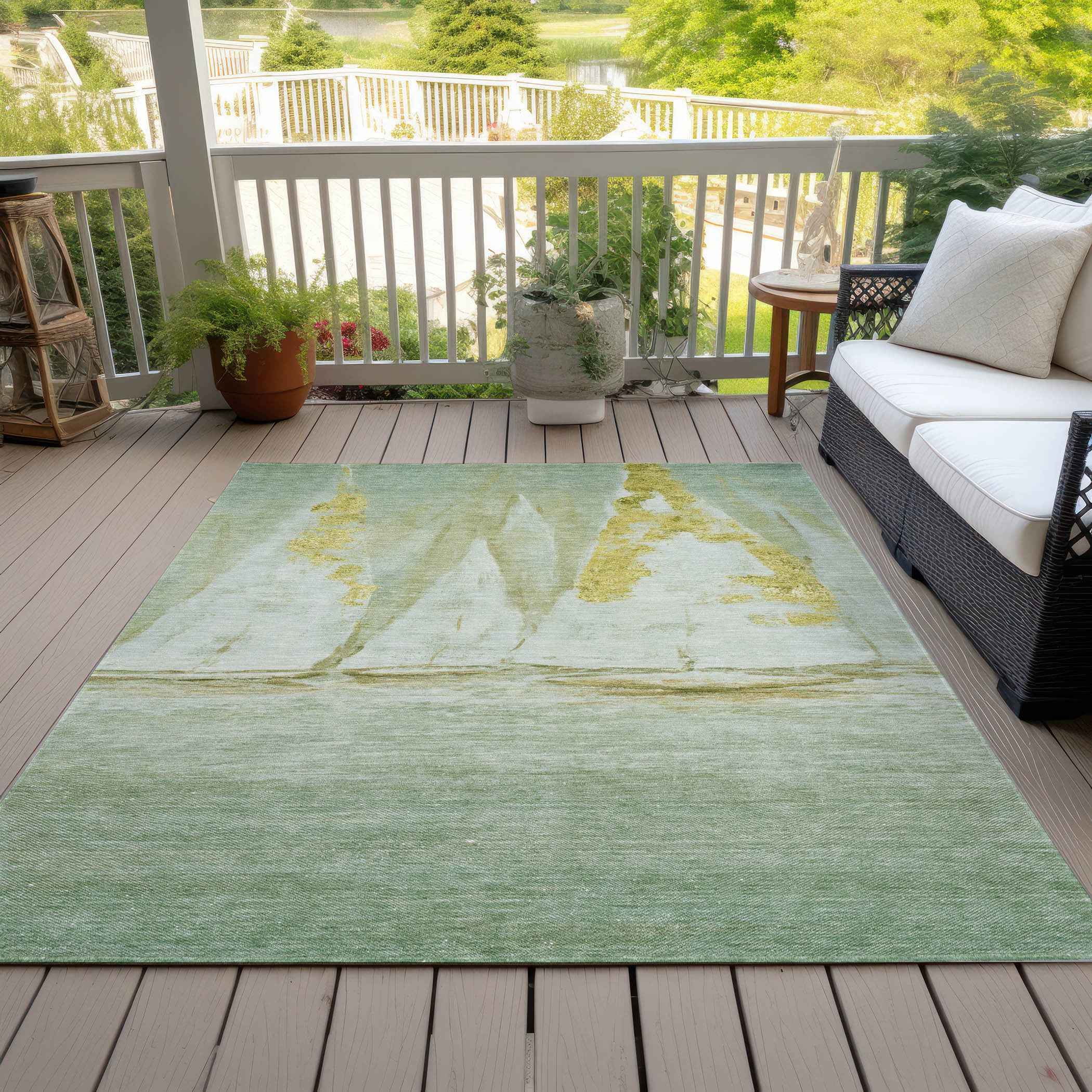 9' X 12' Green And Gold Nautical Washable Indoor Outdoor Area Rug