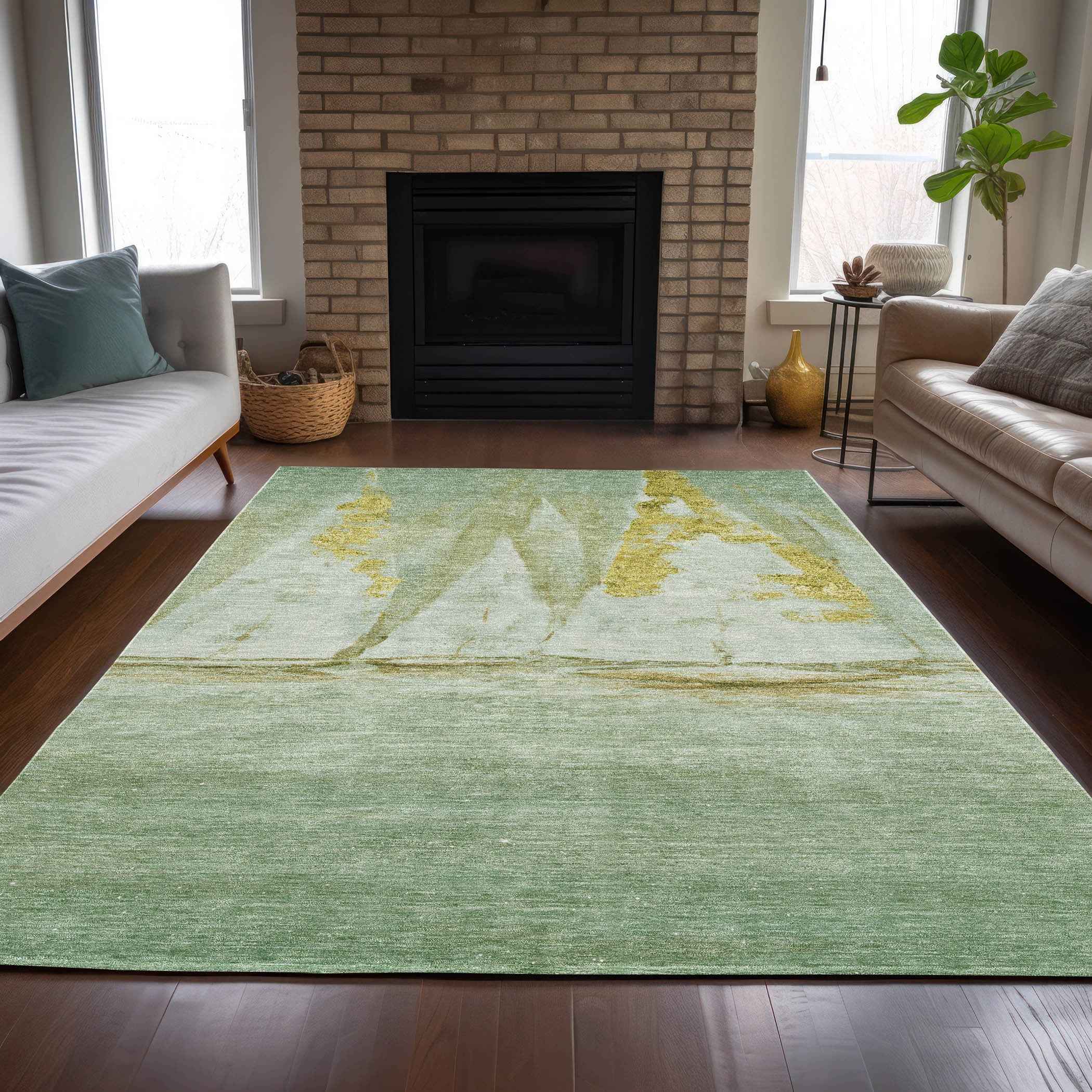 9' X 12' Green And Gold Nautical Washable Indoor Outdoor Area Rug