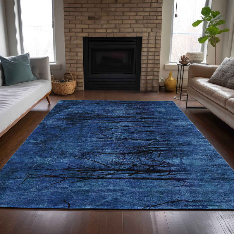 9' X 12' Blue And Charcoal Floral Washable Indoor Outdoor Area Rug