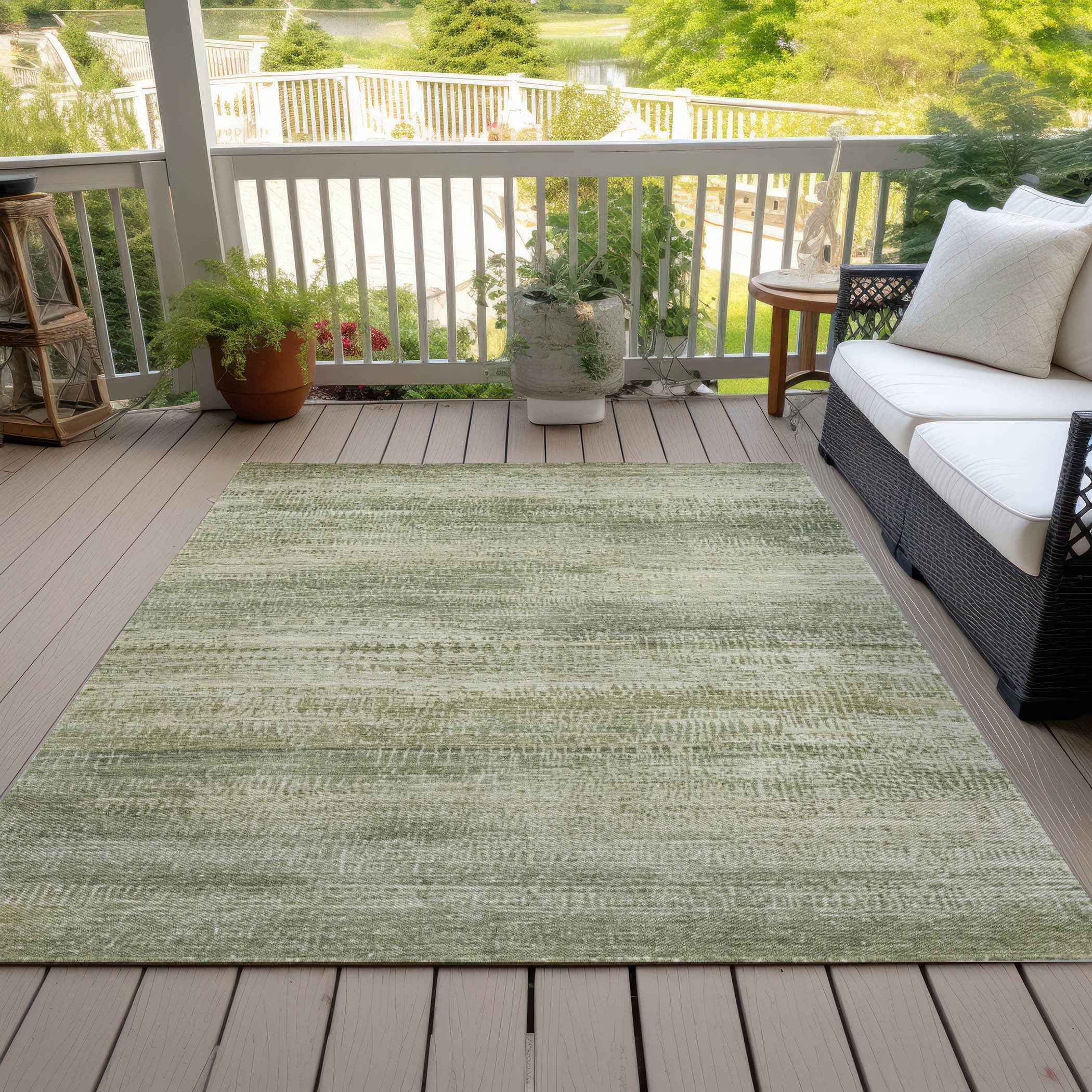 8' X 10' Artichoke Green And Beige Abstract Washable Indoor Outdoor Area Rug