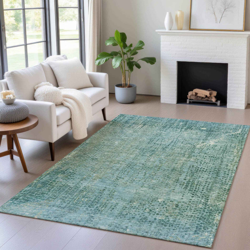 3' X 5' Teal Blue And Ivory Abstract Washable Indoor Outdoor Area Rug