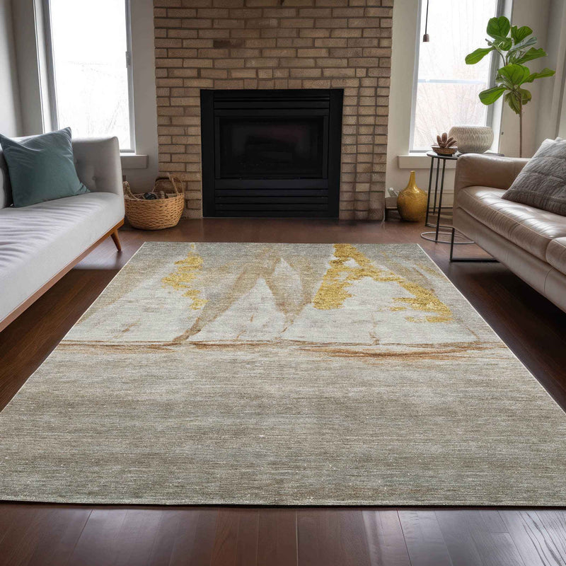 3' X 5' Taupe And Gold Nautical Washable Indoor Outdoor Area Rug