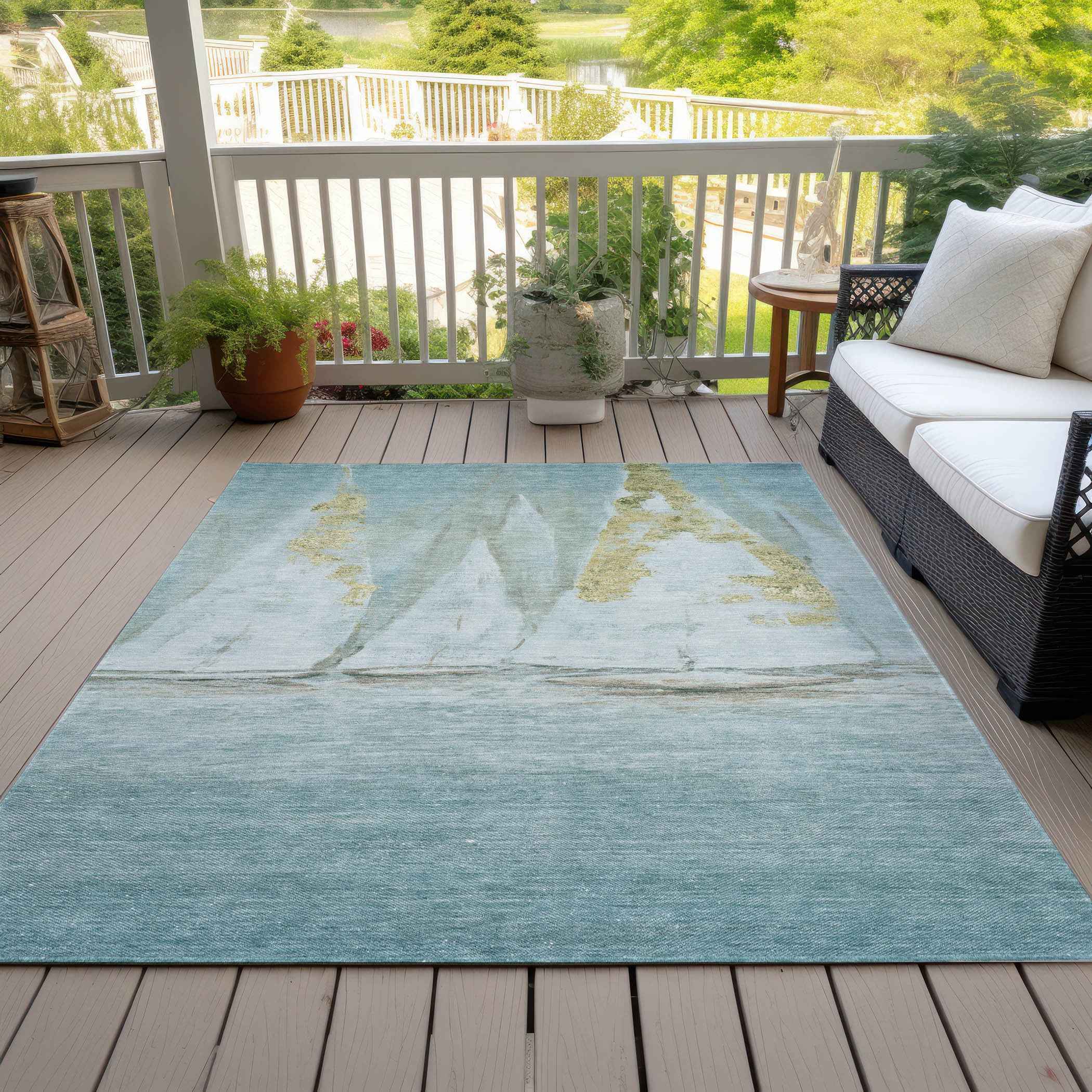 8' X 10' Teal Blue And Gold Nautical Washable Indoor Outdoor Area Rug