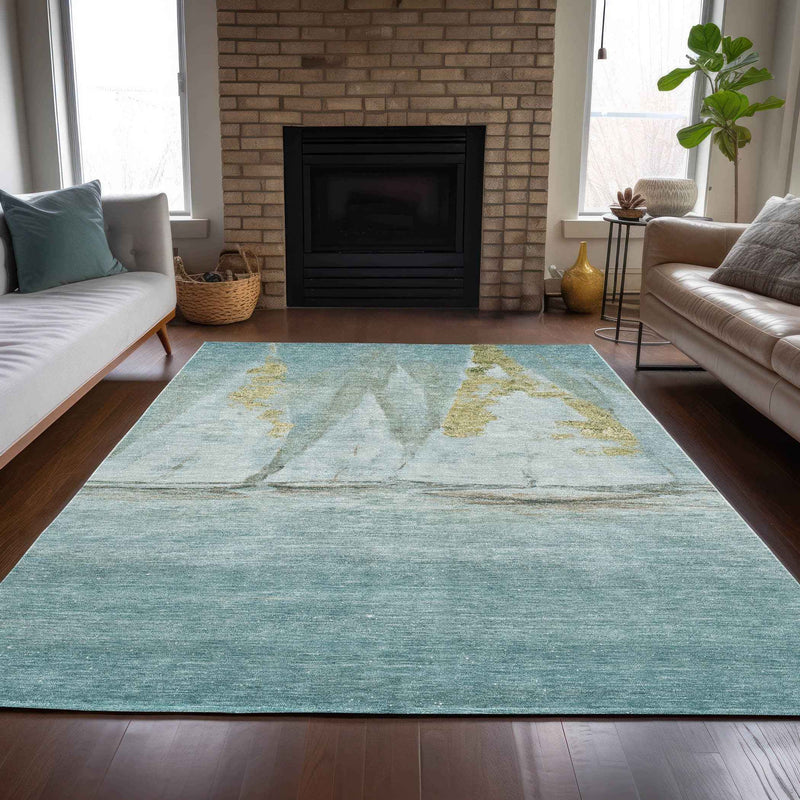 8' X 10' Teal Blue And Gold Nautical Washable Indoor Outdoor Area Rug