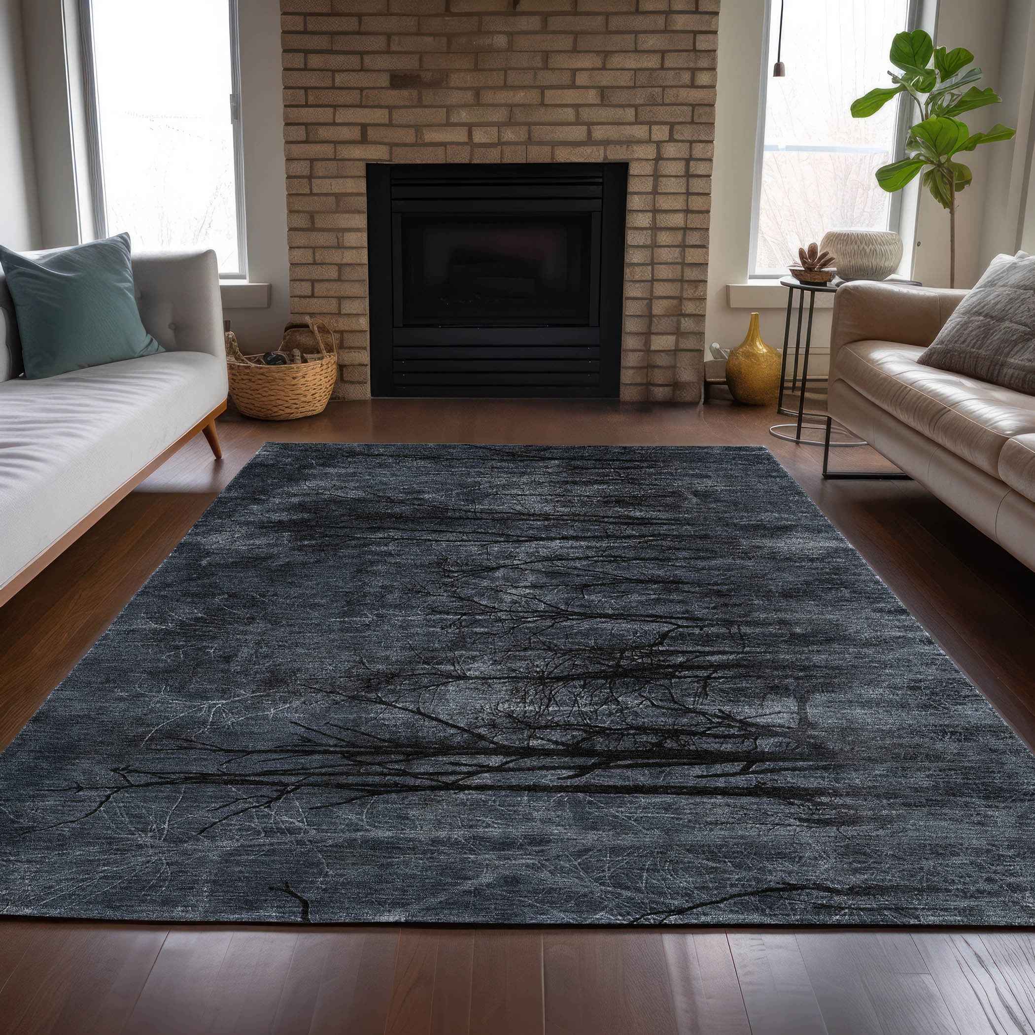 8' X 10' Charcoal And Gray Floral Washable Indoor Outdoor Area Rug