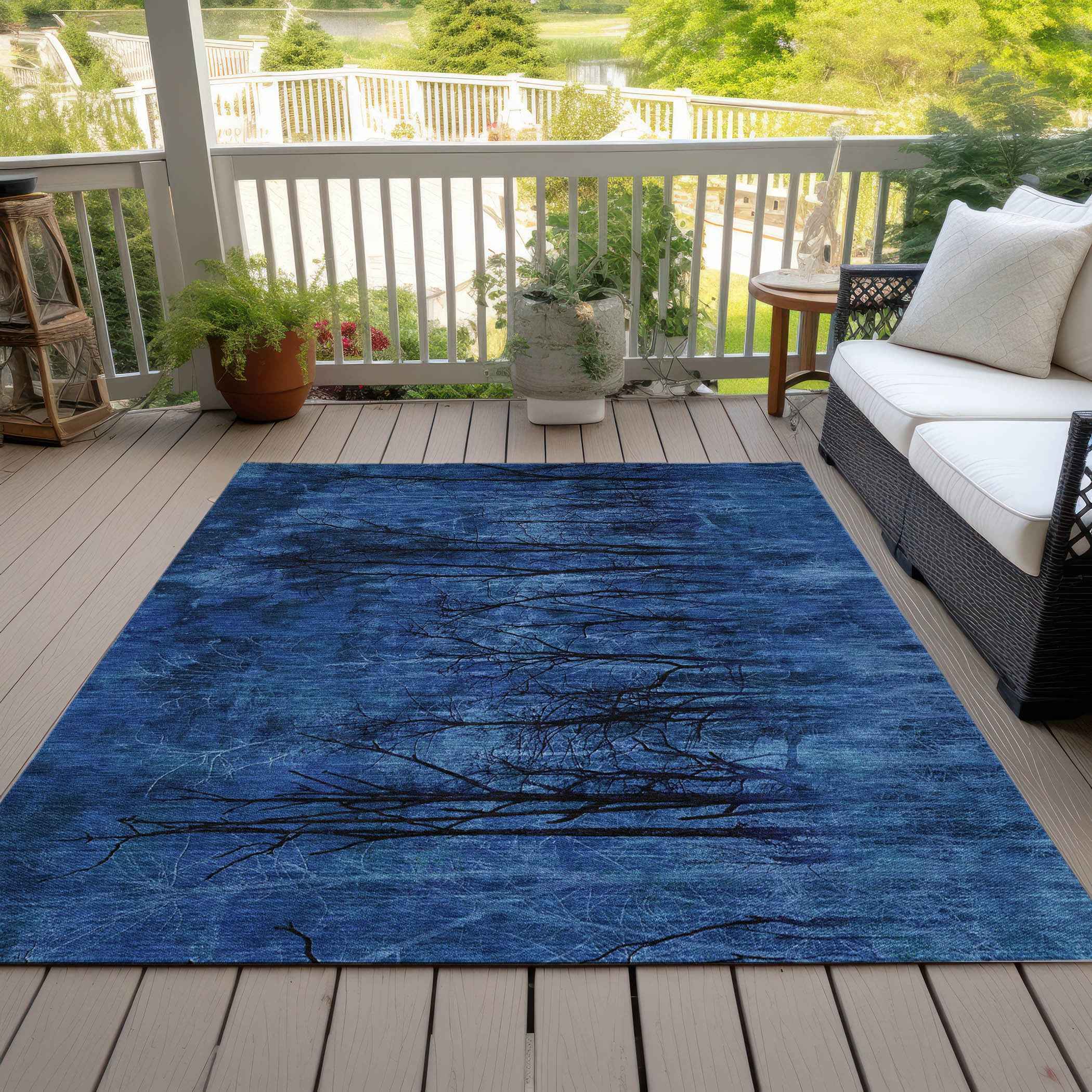 8' X 10' Blue And Charcoal Floral Washable Indoor Outdoor Area Rug