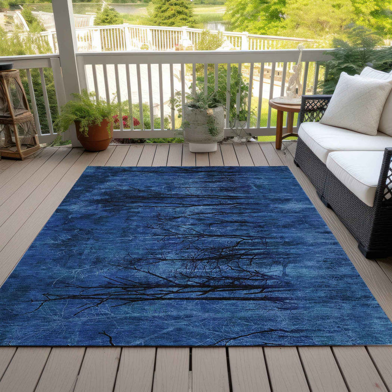 8' X 10' Blue And Charcoal Floral Washable Indoor Outdoor Area Rug