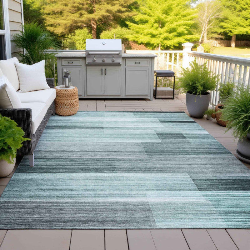 8' X 10' Teal Blue And Ivory Striped Washable Indoor Outdoor Area Rug