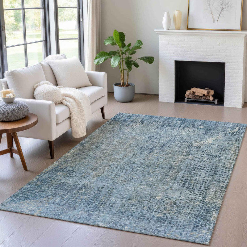 9' X 12' Blue And Ivory Abstract Washable Indoor Outdoor Area Rug