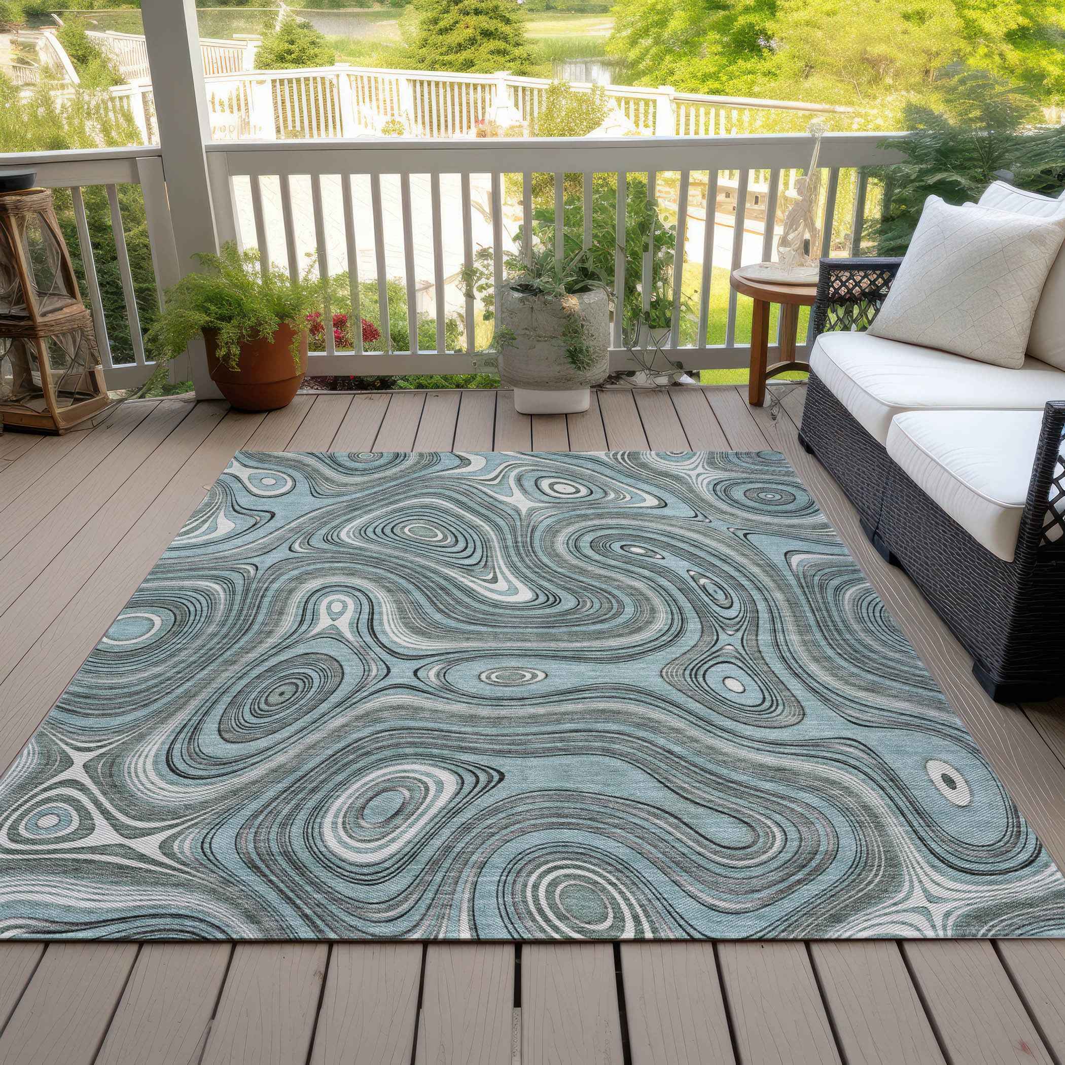 8' X 10' Sky Blue And Gray Geometric Washable Indoor Outdoor Area Rug