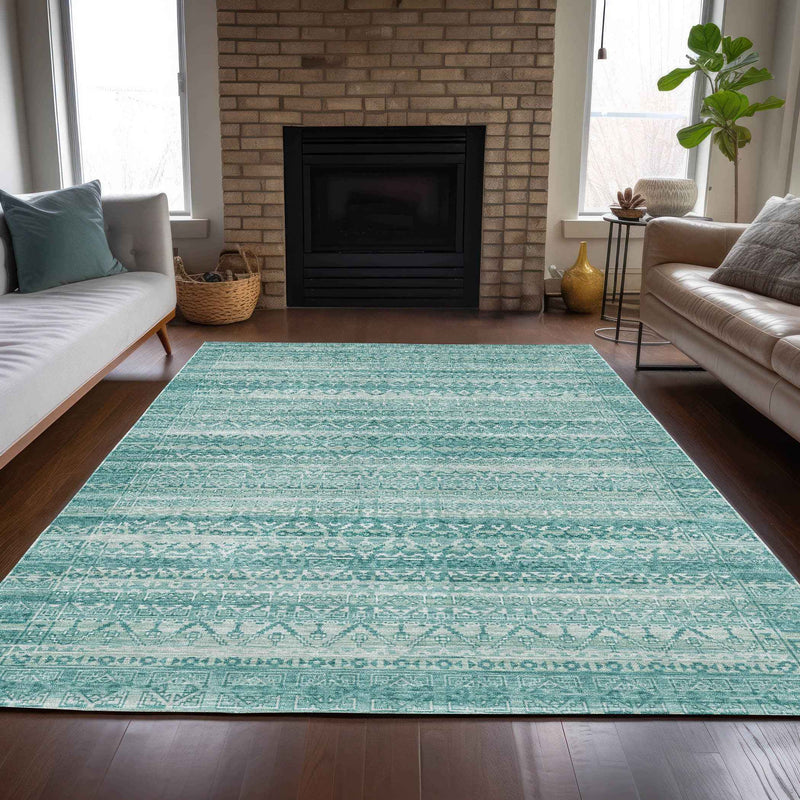 8' X 10' Aqua And Ivory Striped Washable Indoor Outdoor Area Rug