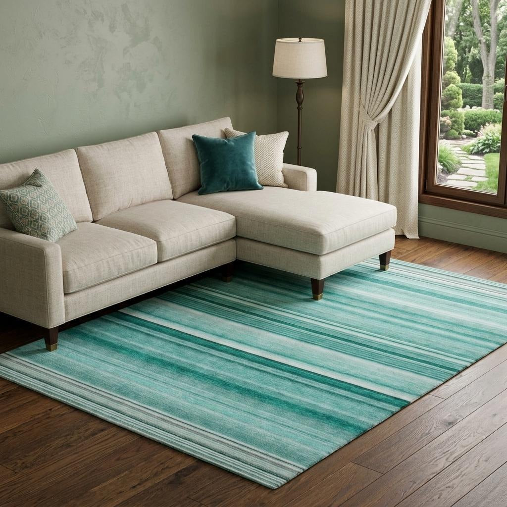 10' X 14' Aqua And Gray Striped Shag Washable Area Rug With UV Protection - Home & Garden