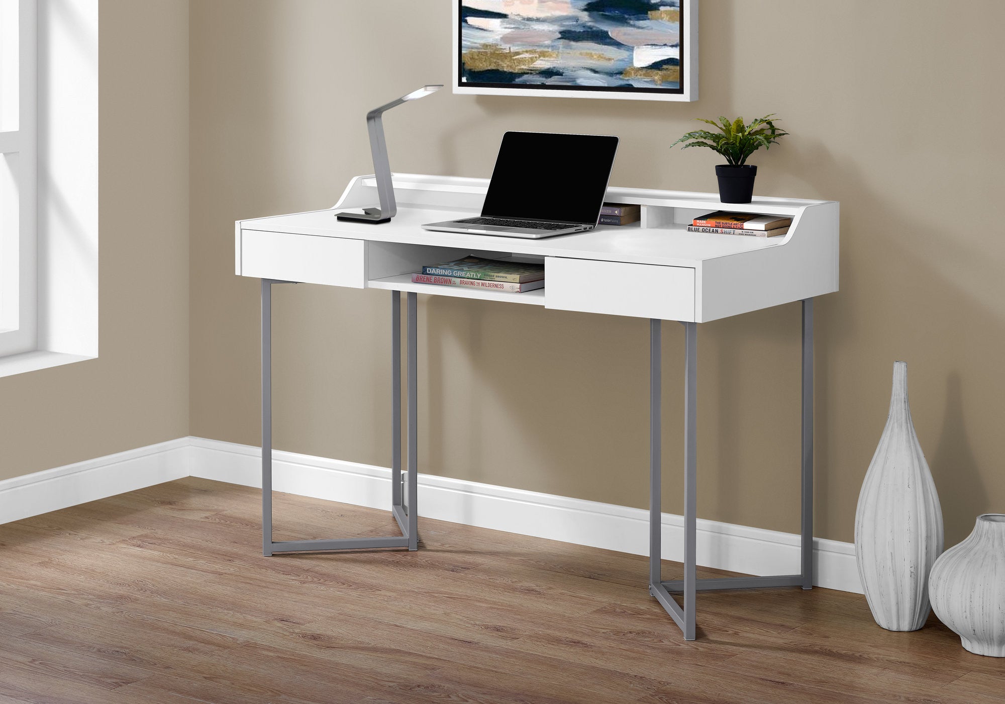 48" White and Silver Writing Desk With Two Drawers - Office Supplies