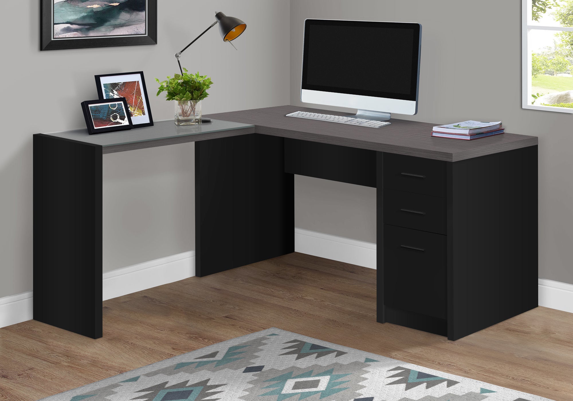 55" Gray and Black L Shape Computer Desk With Three Drawers - GreatEagleInc