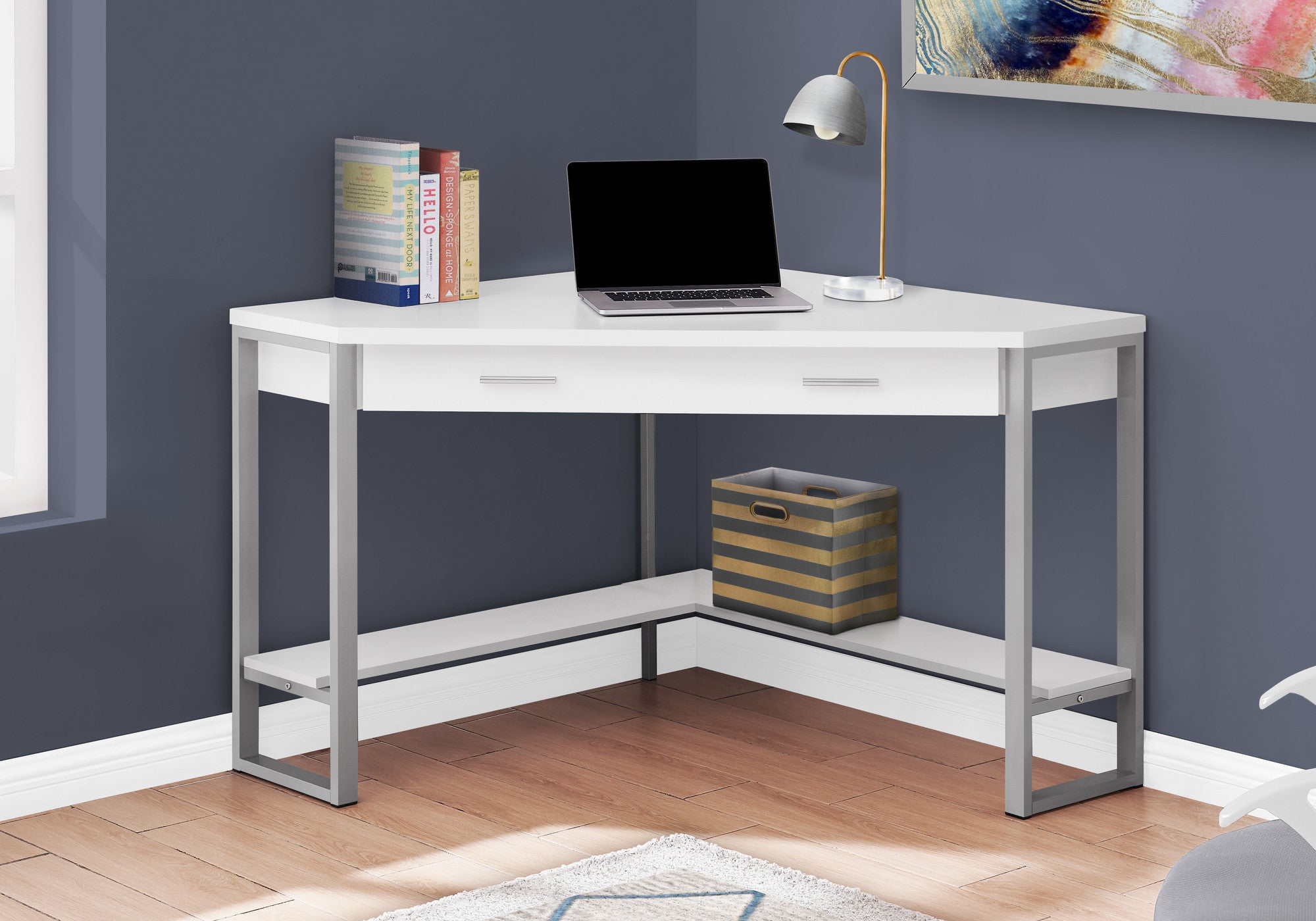42" White and Silver Corner Computer Desk - GreatEagleInc