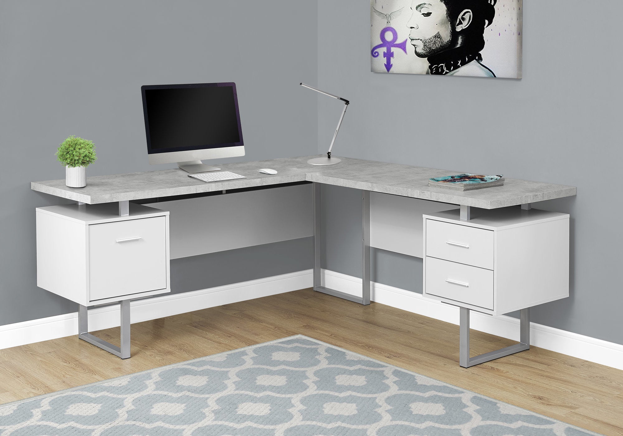 71" Gray and Silver L Shape Computer Desk With Three Drawers - Office Supplies