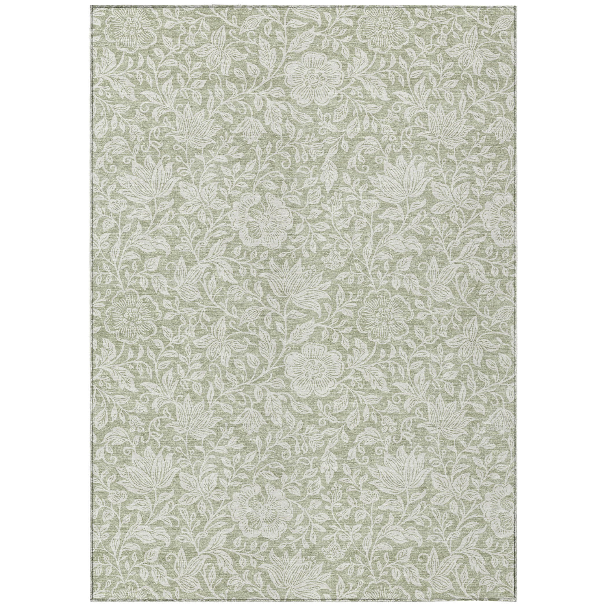 Green and ivory floral area rug, full design with leaf and flower motif