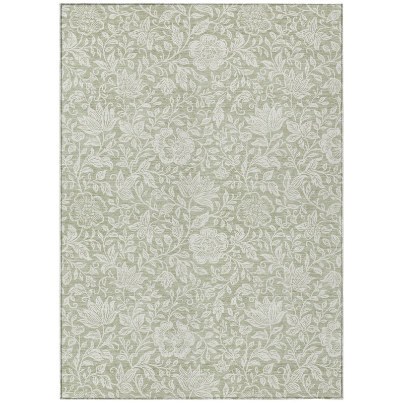 Green and ivory floral washable area rug with outlined leaves and flowers, flat weave