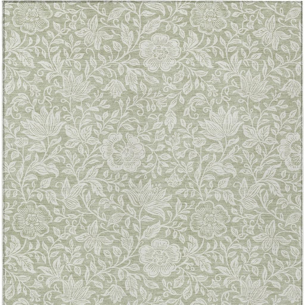 Green and ivory floral washable area rug with all-over leafy flower pattern