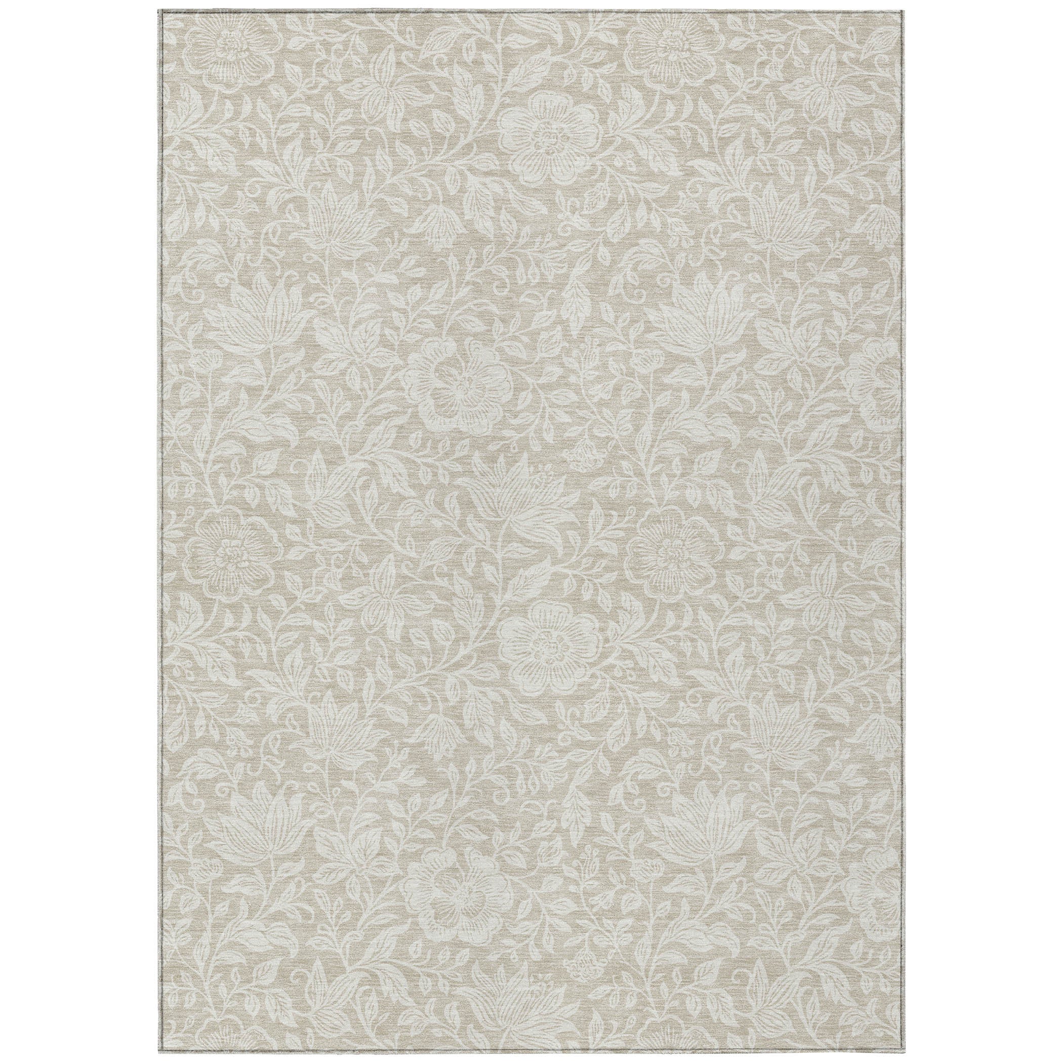 Ivory floral area rug with beige-toned background and thin border