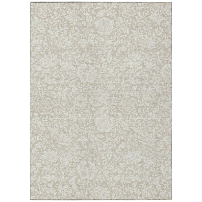 Ivory floral area rug with beige-toned background and thin border