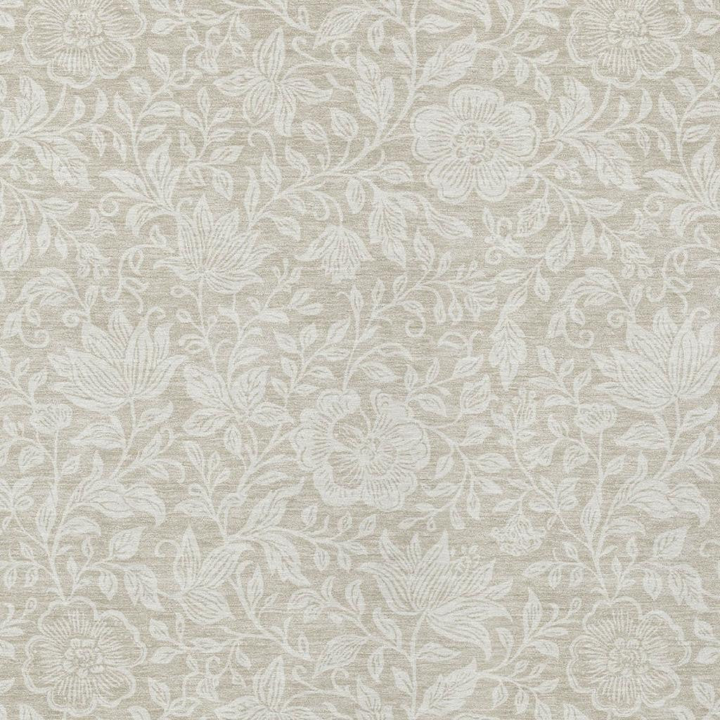 Ivory area rug with repeating beige floral rosettes and leaf pattern