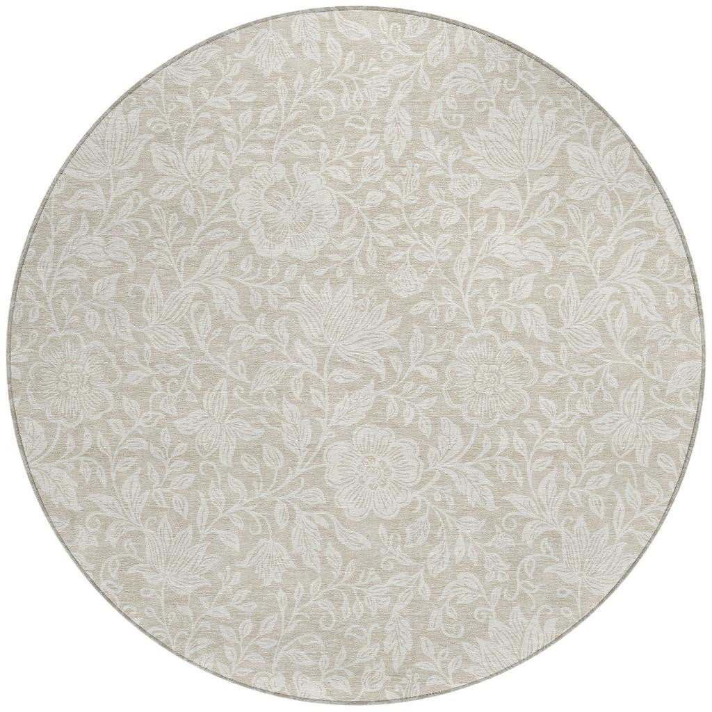 8' Beige And Ivory Round Floral Washable Indoor Outdoor Area Rug - Sports & Outdoor