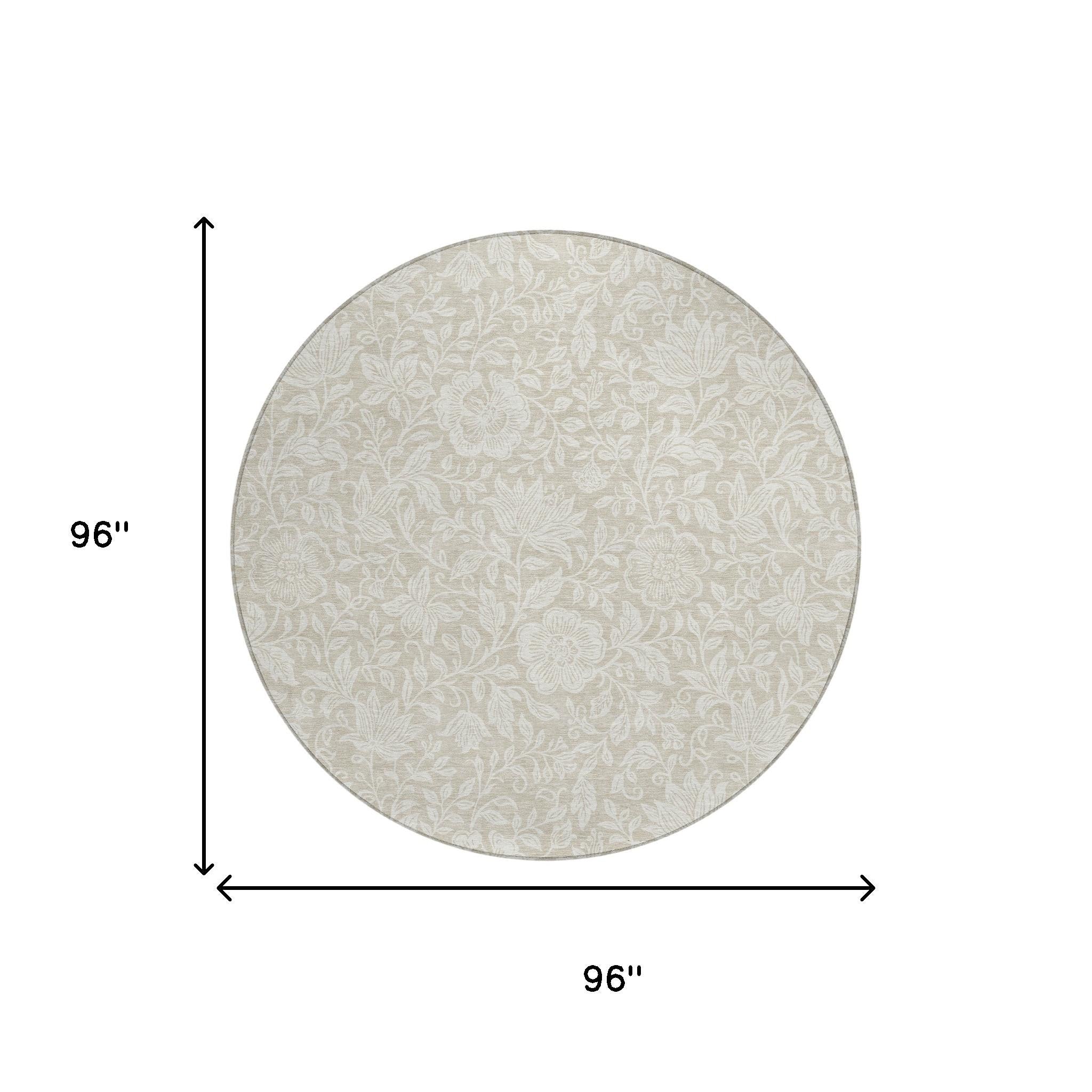8' Beige And Ivory Round Floral Washable Indoor Outdoor Area Rug - Sports & Outdoor