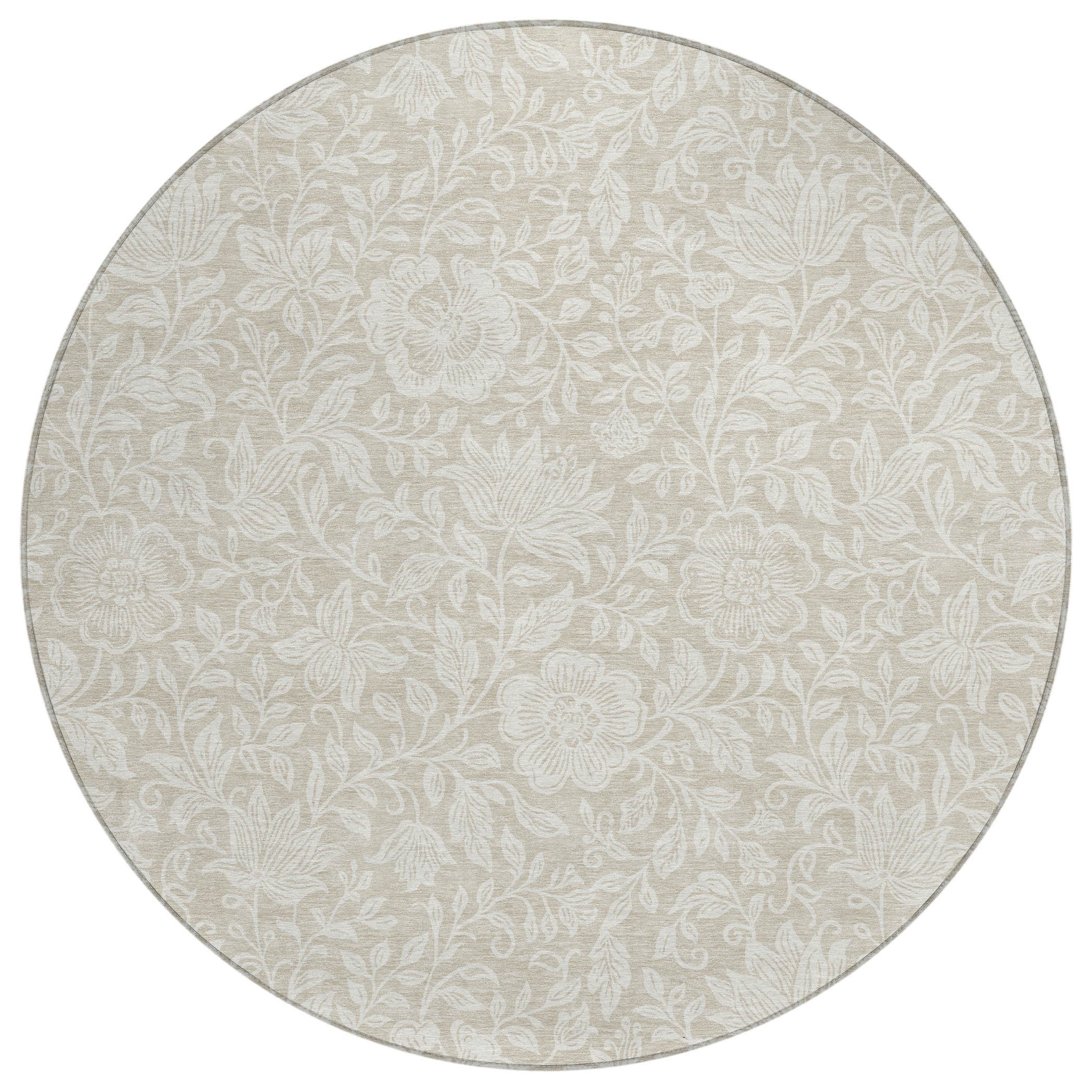 8' Beige And Ivory Round Floral Washable Indoor Outdoor Area Rug - Sports & Outdoor