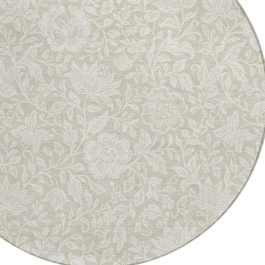 8' Beige And Ivory Round Floral Washable Indoor Outdoor Area Rug - Sports & Outdoor