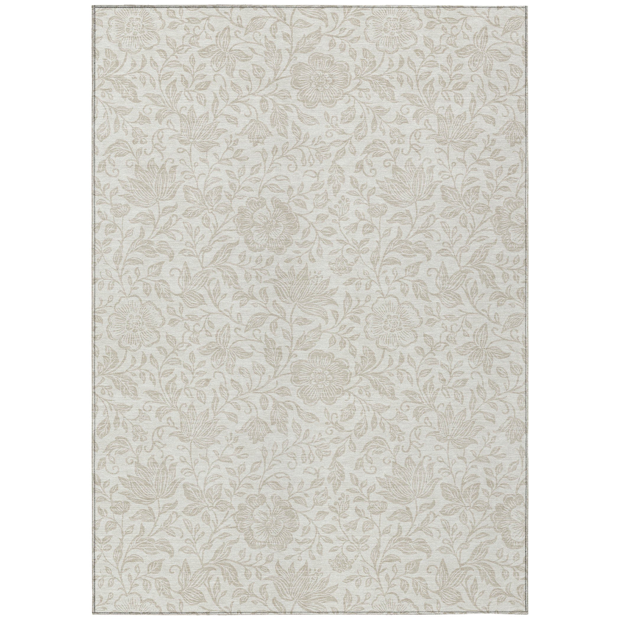 Ivory and beige floral area rug, full view with repeating leaf and blossom design