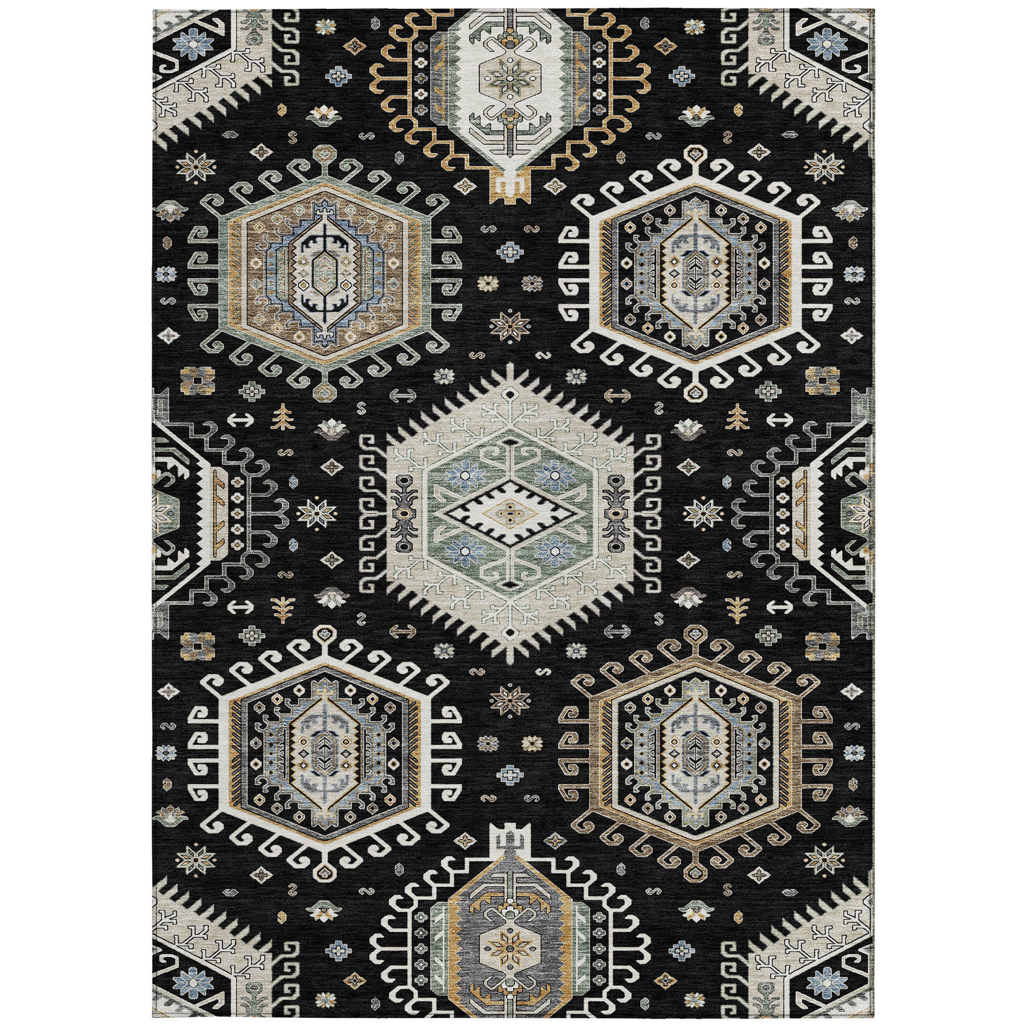 Black tribal area rug with ivory and blue medallion pattern, flat woven style.