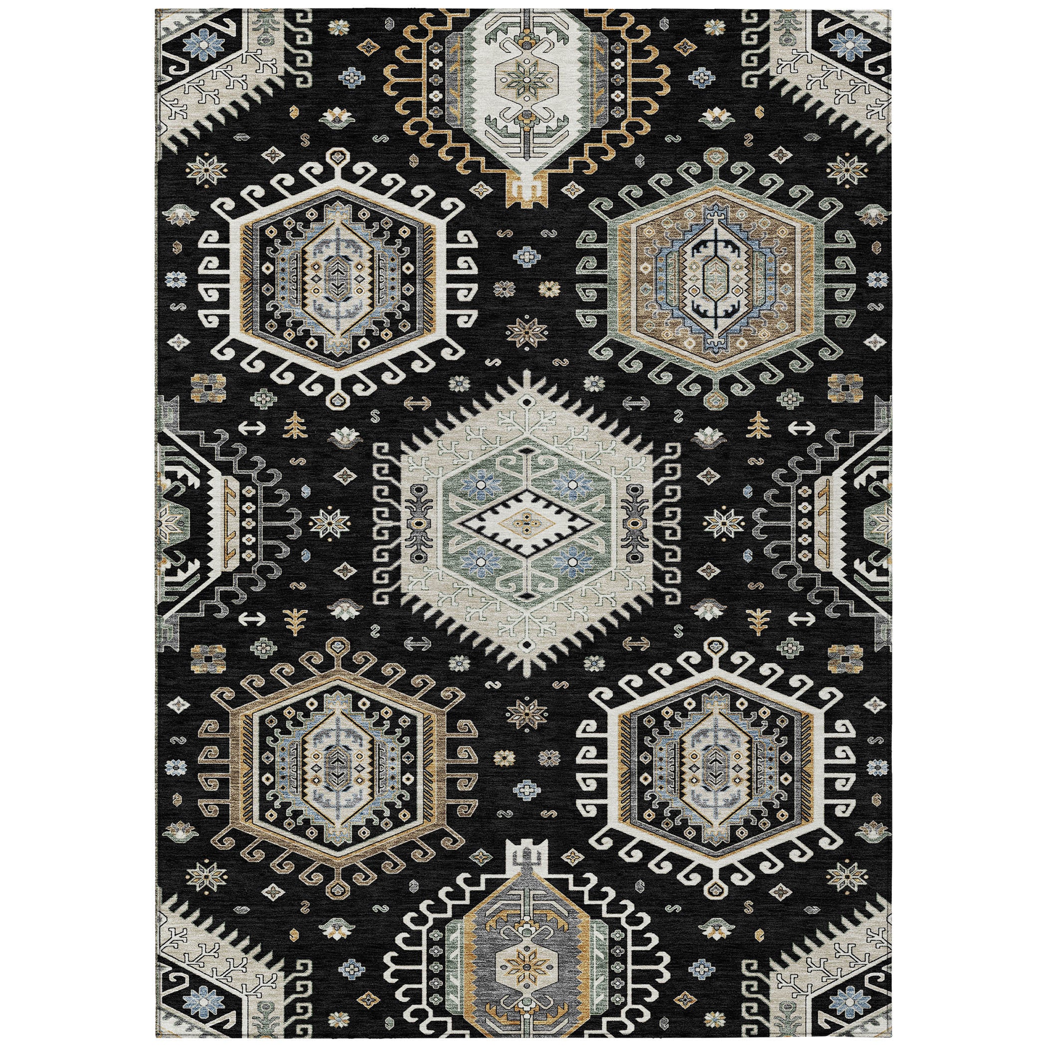 Black tribal area rug with multiple ivory medallions and ornamental border shapes.