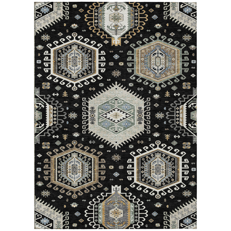 Black tribal area rug with multiple ivory medallions and ornamental border shapes.