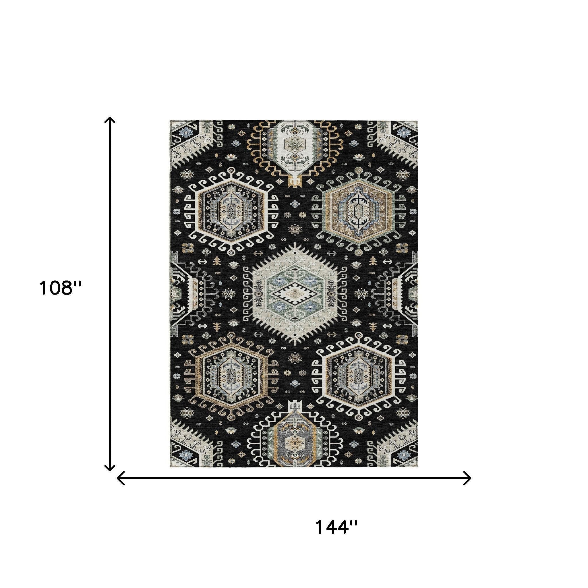 Black tribal area rug, 144 x 108 in, ivory medallion pattern with blue accents.