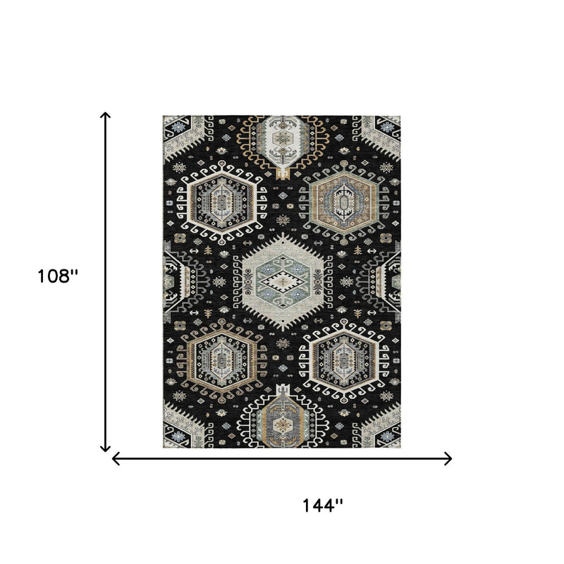 Black tribal area rug, 144 x 108 in, ivory medallion pattern with blue accents.