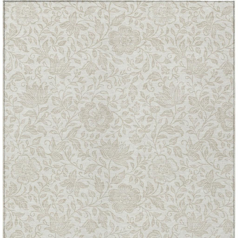 Ivory beige floral area rug close-up, all-over leaf and flower pattern