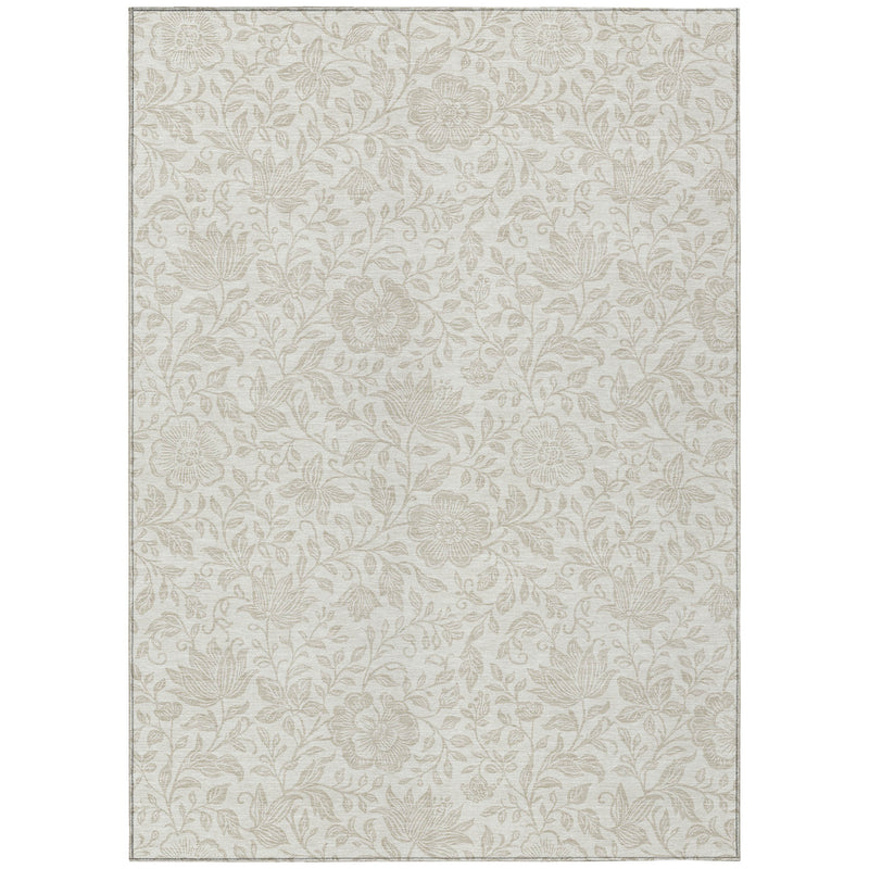 Ivory beige floral area rug with dense botanical pattern, straight edges