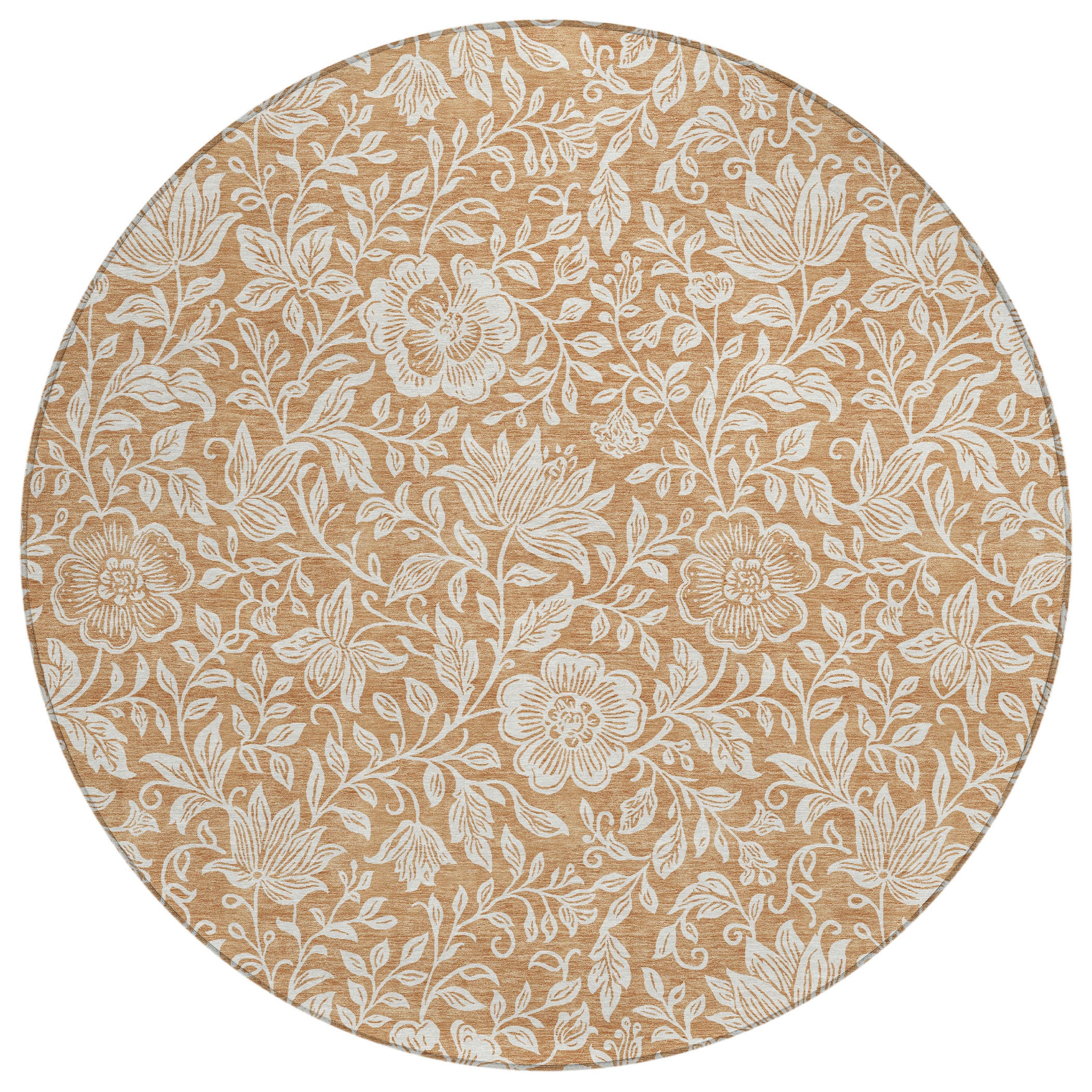 Round area rug, copper-brown with ivory floral vine pattern, washable