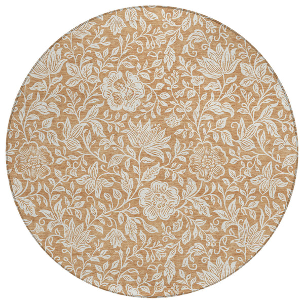 Round area rug, copper-brown with ivory floral vine pattern, washable